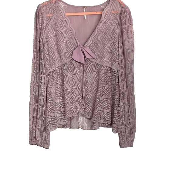 Free People Top L Luisa Mystic Lavender Lace Long Sleeve Babydoll Scalloped Trim - Picture 1 of 10
